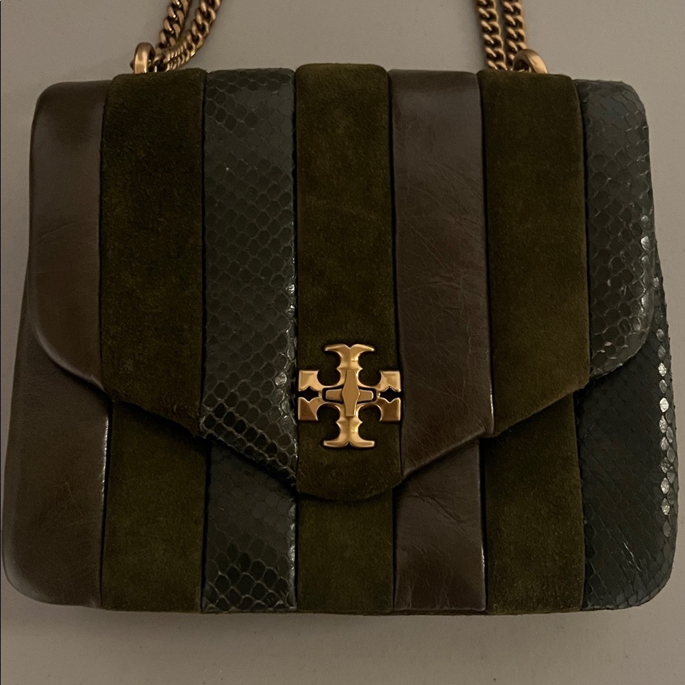 Tory Burch Mixed Suede & Leather Shoulder Bag – Olive Green – Chain Strap